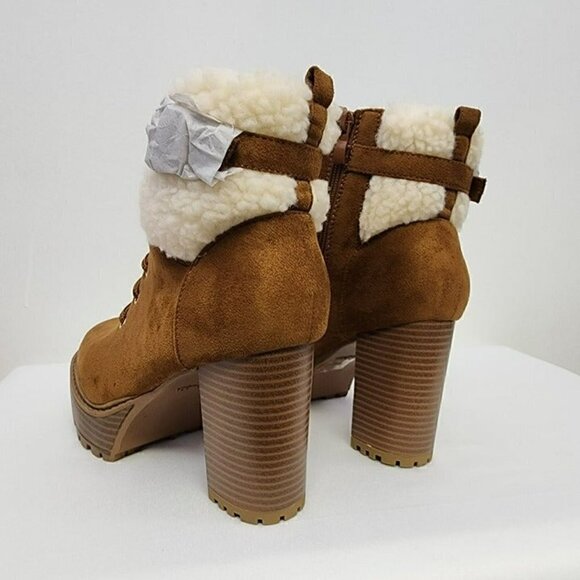 Brown Faux Suede Shearling Cuff Lug Sole Booties 7.5 - Picture 6 of 12